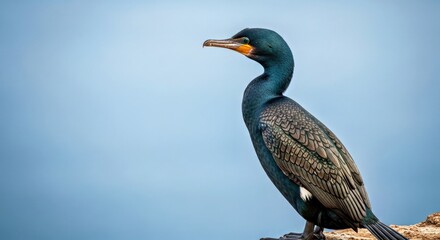 Obraz premium Socotra Cormorant Perched on Cliff Edge Feathers Detailed Eyes Alert Coastal Bird