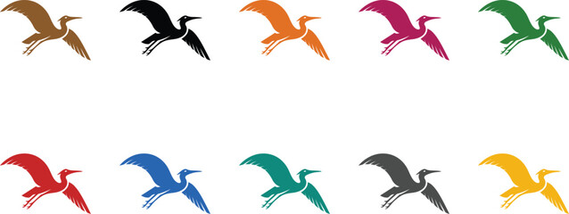 Pterodactyl icons in assorted colors flying design, Multicolor dinosaur flying silhouette set © jakircreativedesign