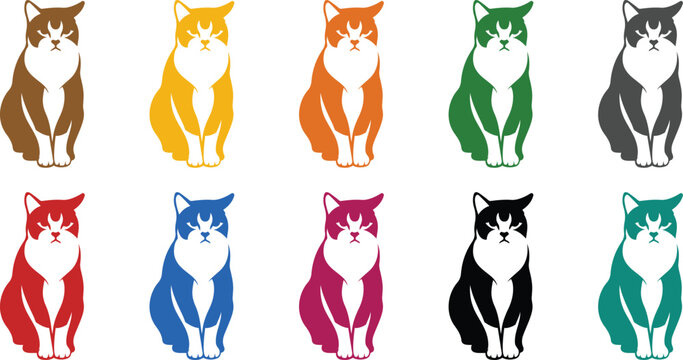 Sitting cat icons with grumpy expressions multicolor, Grumpy cat colored silhouette icons set