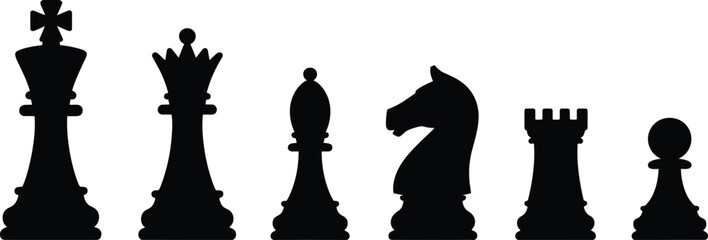 PrintBlack chess piece silhouettes featuring king, queen, bishop, knight, rook, pawn, strategic board game symbols, minimalist design concept illustration