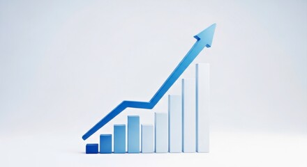 Blue upward arrow graph illustrating growth trends with increasing bar heights, representing financial success and progress in business analytics and economic development