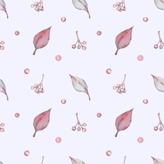 Watercolor seamless pattern with leaves and berries. Print with pink and purple leaves and pink-purple berries. Black chokeberry, rowan berries. Design for wrapping paper, textiles.