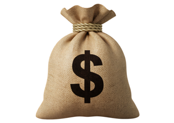 Burlap sack with dollar sign, money bag filled with cash, symbol of wealth and financial success isolated on transparent background