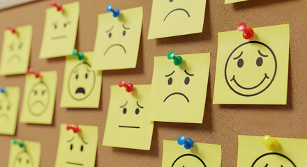 Bulletin board displays yellow sticky notes with various handdrawn facial expressions from happy to sad pinned with colorful pushpins representing mood tracking and emotional awareness in a visual for