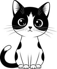 A charming cartoon illustration of a black and white kitten with big, expressive eyes, capturing its adorable and playful nature isolated on