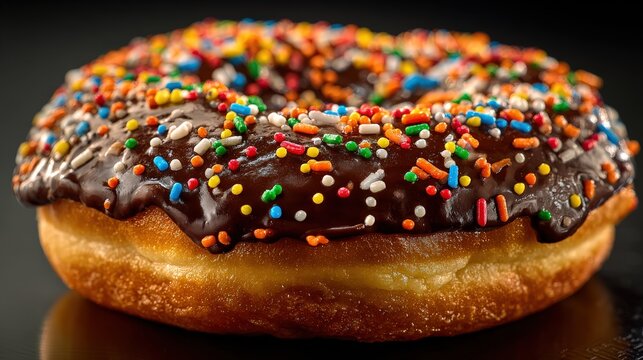 Delicious fried pastry generously topped with dark icing and vibrant confectionery sprinkles sits against a dark background.
