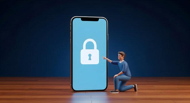 Cartoon man interacts with a large smartphone displaying a padlock icon symbolizing mobile security and data protection on a wooden surface against a dark blue background digital safety