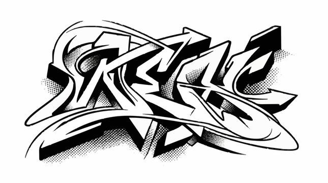 Black and white graffiti-style drawing of a stylized letter, showcasing bold lines and artistic flair
