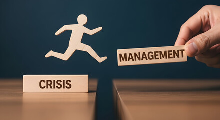 Wooden figure jumping from crisis to management symbolizing overcoming challenges and strategic leadership in business showcasing problemsolving and risk management skills for success