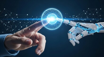 Digital screen interface shows a hand touching a button to communicate with the global technology network