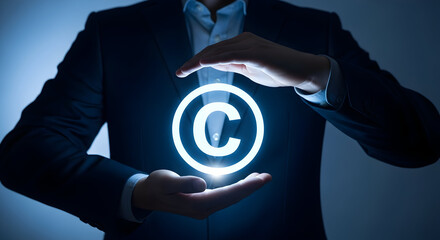Businessman in a suit protects a glowing copyright symbol with his hands emphasizing intellectual property rights and legal protection for creative works and original content creation