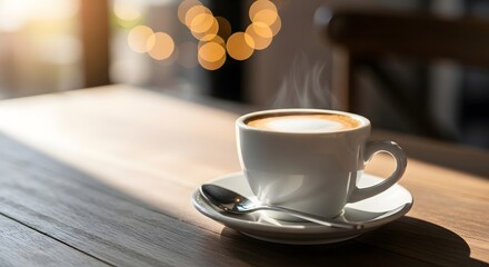 Coffee cup latte art cappuccino cafe beverage drink table top saucer spoon steam hot drink caffeine morning refreshment warm break time breakfast