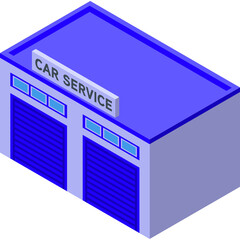 Isometric Purple Car Service Building With Blue Shutters and Windows On Transparent Background