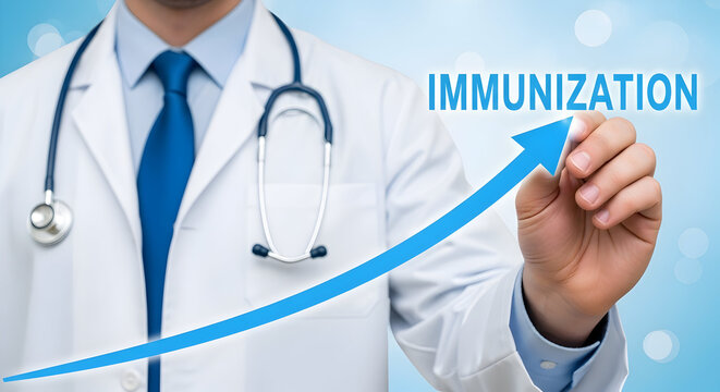 Doctor in a white coat with a stethoscope illustrates immunization with an upward trending arrow on a blue background emphasizing the importance of vaccination and preventative healthcare
