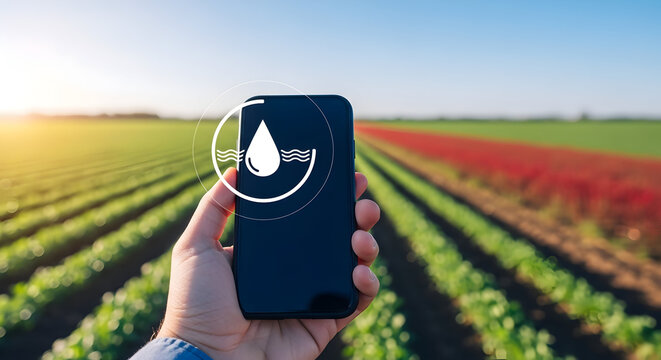 Hand holding smartphone displaying water drop icon over agricultural field showcasing smart farming technology and irrigation management for sustainable agriculture and crop monitoring - Powered by Adobe