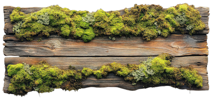 Old wooden planks covered with green moss in nature