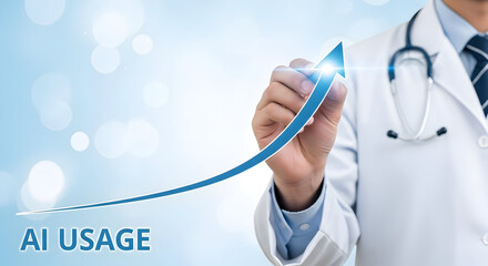 Doctor draws an upward trending arrow representing ai usage growth in healthcare showcasing the increasing adoption of artificial intelligence in medical practices and technological advancements