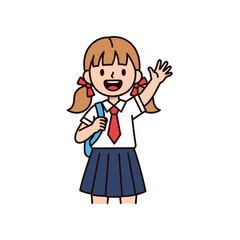 Illustration of a schoolgirl waving with a backpack.
