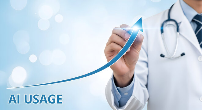 Doctor draws an upward trending arrow representing ai usage growth in healthcare showcasing the increasing adoption of artificial intelligence in medical practices and technological advancements
