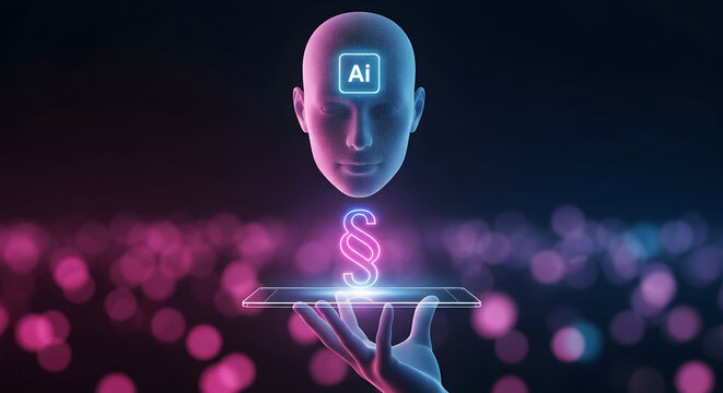 Ai powered legal tech solution with a digital human face and paragraph symbol representing artificial intelligence in law and legal technology for modern legal services and innovation