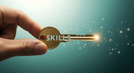 Hand holding a golden key with the word skills on it symbolizing the importance of acquiring new skills for success and career advancement in a competitive job market with a bright future