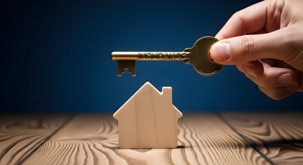 Hand holds golden insurance key above a wooden house model on a wood surface symbolizing home ownership security and financial protection against a dark blue background for real estate concepts