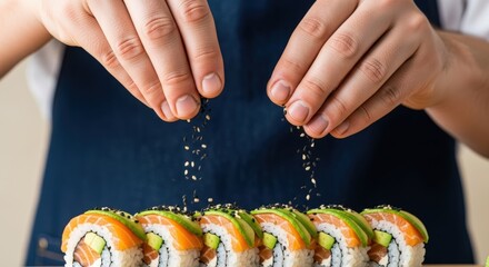Chef prepares delicious sushi rolls sprinkling sesame seeds on salmon avocado filling for a culinary experience