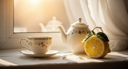 Elegant porcelain teacup and saucer with vintage teapot and fresh lemon slice on windowsill at golden hour sunlight