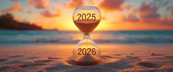 Hourglass on Beach Displaying 2025 at Top and 2026 at Bottom Against Sunset Background Representing Passing of Time and New Beginnings Two Hundred Characters