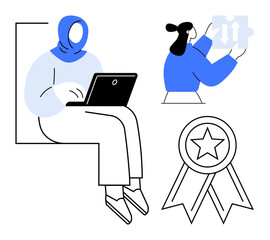 Woman in hijab typing on laptop, another assembling puzzle, star medal symbolizing achievement. Ideal for education, teamwork, diversity, innovation, career growth, problem solving recognition