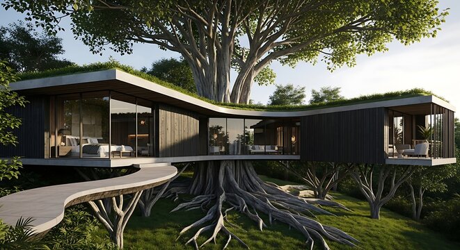 Modern treehouse with unique root structure