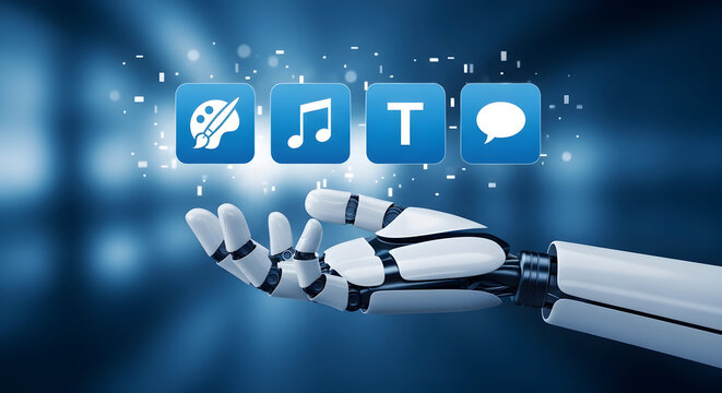 Robotic arm presents creative app icons including art music text and chat on a blue gradient background representing artificial intelligence and technological innovation in digital communication