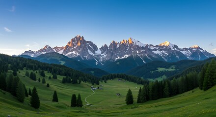 Beautiful alpine landscape with snow capped mountains and green valley