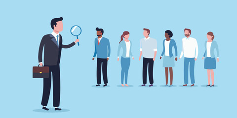 Recruiter examining candidates with magnifying glass