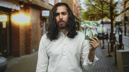 Man holding small green gift box with white bow on street in city, grimacing with closed eyes; quiet disappointment.