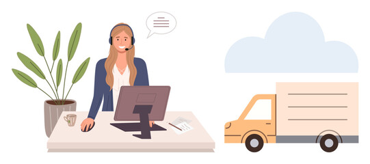 Woman at desk with headset using computer, small delivery truck, cloud icon, potted plant, and coffee. Ideal for logistics, customer service, cloud computing, e-commerce online order management