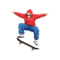Young man in red hoodie performing skateboard trick mid-air.