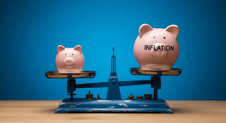 Balancing inflation a visual representation of economic challenges with piggy banks on a scale against a blue background highlighting financial stability and investment strategies for the future