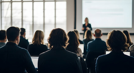 Fototapeta premium Audience listening to a speaker at a conference rear view of people in a seminar business presentation