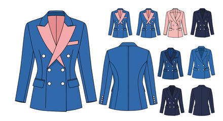 Fashion tech pack illustration of women s blazer designs with color variations