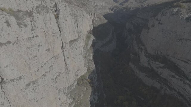 Deep Canyon Gorge with Sheer Limestone Walls and Forest Floor, filmed by Azerbaijan Drone
