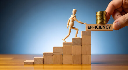 Wooden mannequin climbing stairs towards efficiency representing business growth and success with coins and blocks on a wooden surface against a blue gradient background