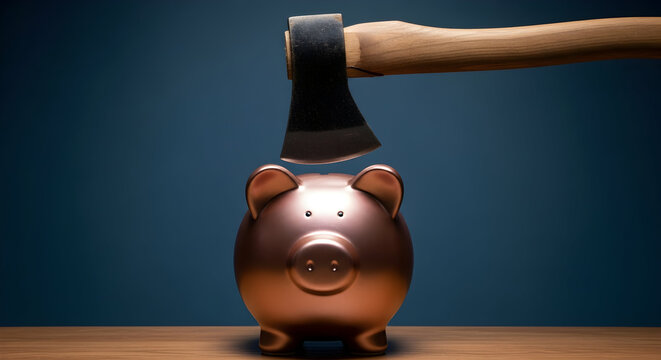 Axe poised above a copper piggy bank on a wooden surface against a dark blue background symbolizing financial risk savings debt and economic uncertainty in a conceptual composition