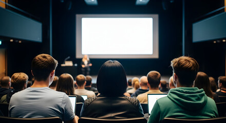 Audience members attentively watching a presentation on stage capturing the speakers message ideal for corporate events and educational settings