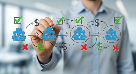 Man drawing a business process flow chart with team icons dollar signs check marks and x marks on a glass board for strategic planning and workflow optimization in a modern office setting