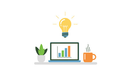 Bright idea for business success, laptop showing growth chart with coffee and plant, conceptual graphic, inspiration and creativity for modern entrepreneurs