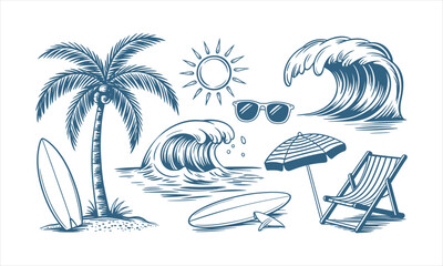 Summer shows a palm tree, waves, sunglasses, and beach chair over white