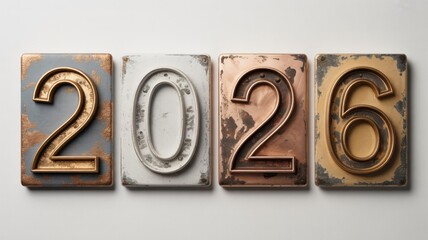 Embossed 2026 new year numbers, vintage style metallic textures