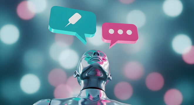 Chrome figure gazes upward at teal and pink speech bubbles against a bokeh background representing communication thoughts and artificial intelligence in a modern futuristic style