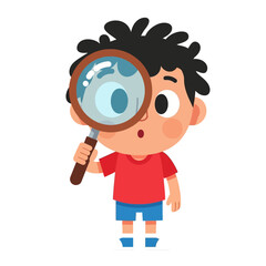 Cartoon boy looking through a magnifying glass with a surprised expression.